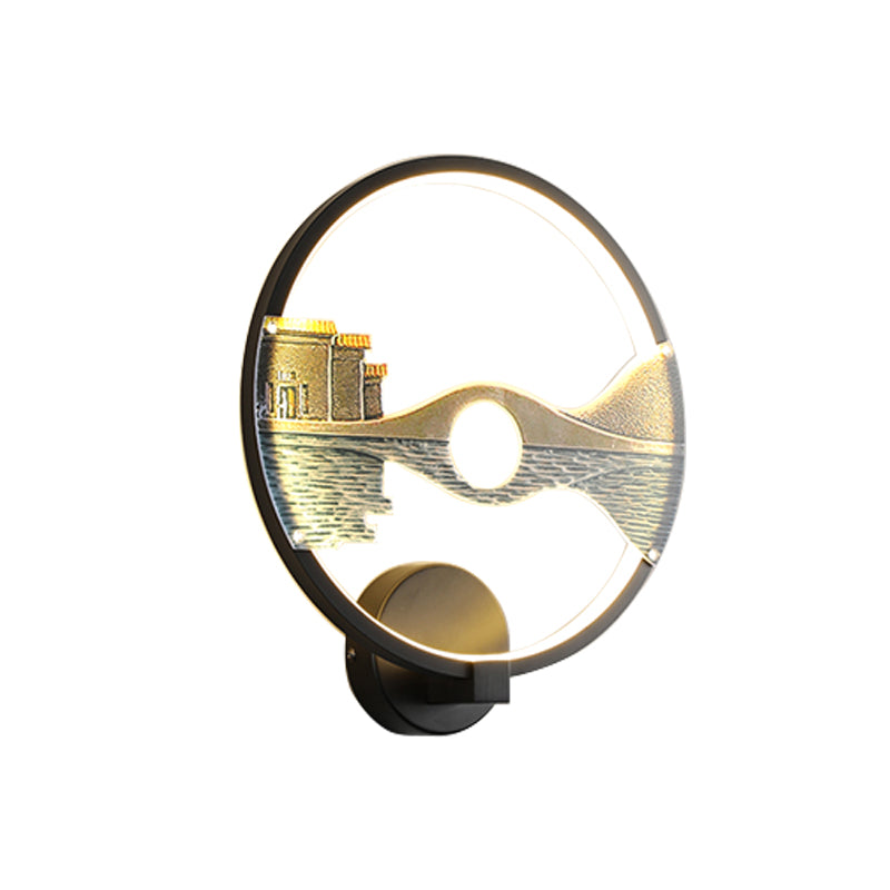 Lisslune | Black/White Round Wall Light LED Acrylic Wall Mount Lamp with Chinese Landscape Pattern, 12 Diameter"