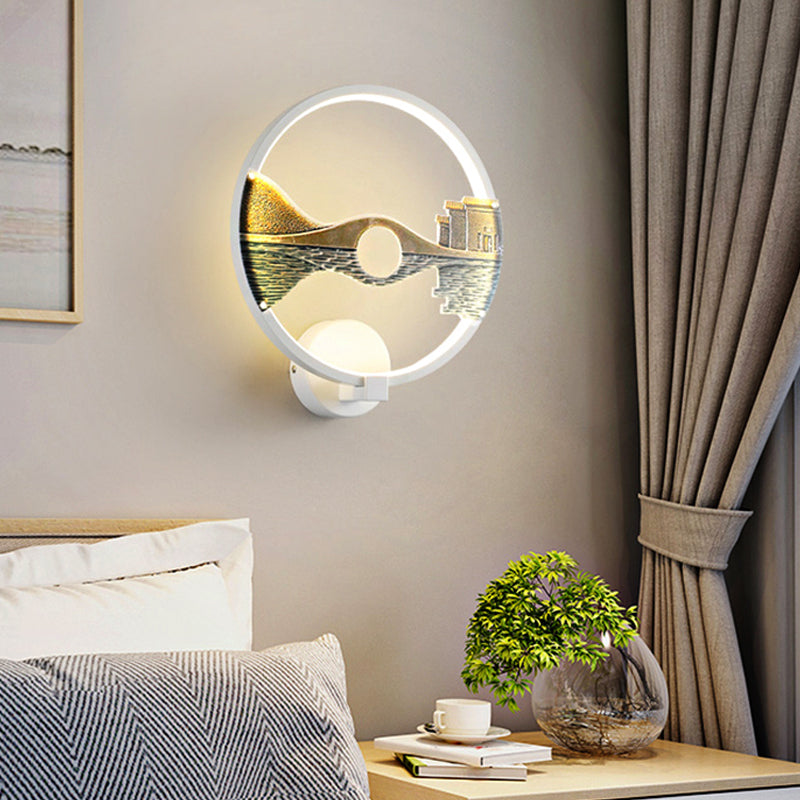Lisslune | Black/White Round Wall Light LED Acrylic Wall Mount Lamp with Chinese Landscape Pattern, 12 Diameter"