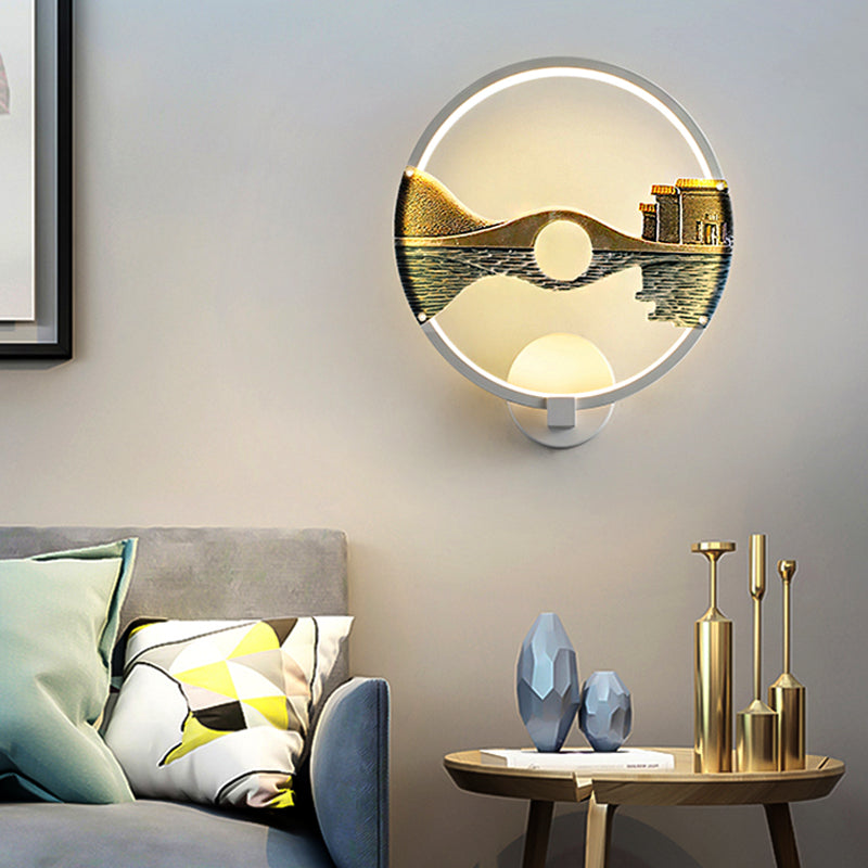 Lisslune | Black/White Round Wall Light LED Acrylic Wall Mount Lamp with Chinese Landscape Pattern, 12 Diameter"
