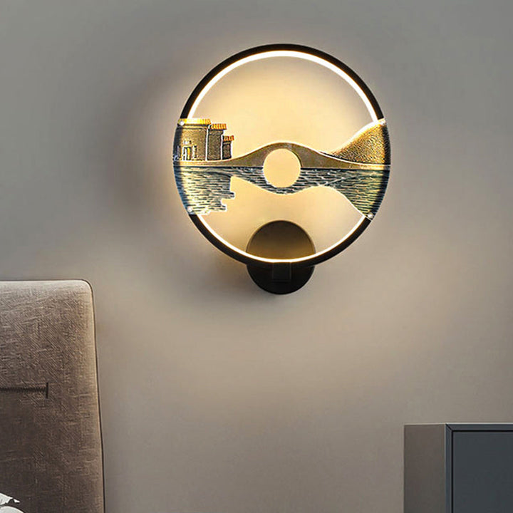 Lisslune | Black/White Round Wall Light LED Acrylic Wall Mount Lamp with Chinese Landscape Pattern, 12 Diameter"