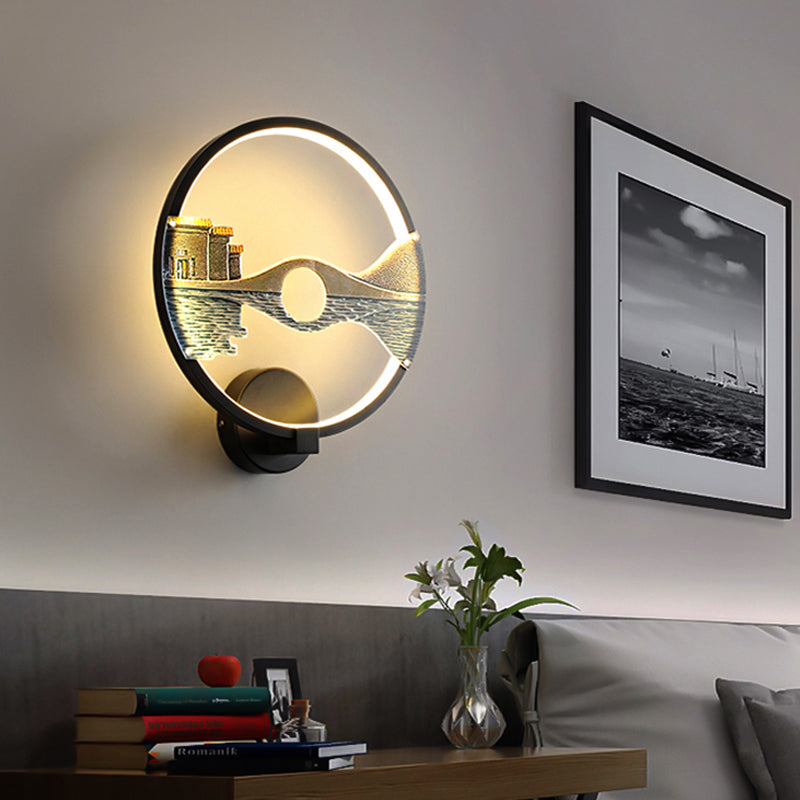 Lisslune | Black/White Round Wall Light LED Acrylic Wall Mount Lamp with Chinese Landscape Pattern, 12 Diameter"