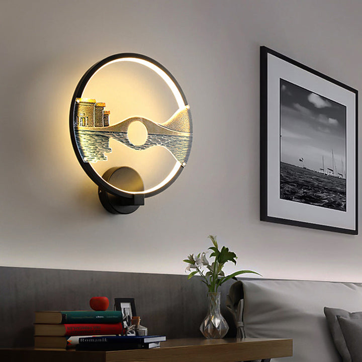 Lisslune | Black/White Round Wall Light LED Acrylic Wall Mount Lamp with Chinese Landscape Pattern, 12 Diameter"