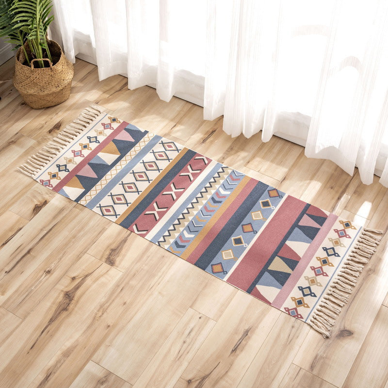 Lisslune | Nostalgia Tribal Pattern Rug Multicolored Synthetic Area Rug Pet-Friendly Easy Care Rug with Fringes for Bedroom