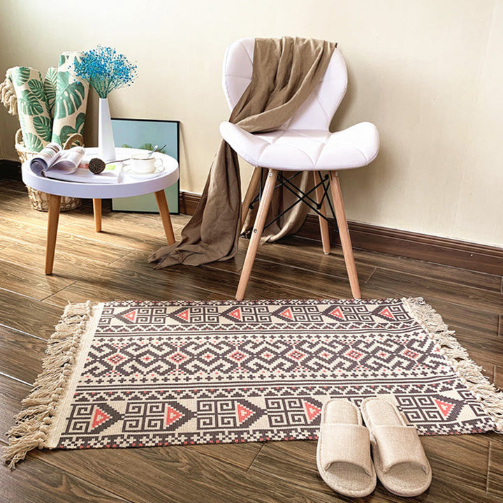 Lisslune | Western Bedroom Rug Multicolored Tribal Geo Rug Cotton Blend Easy Care Washable Area Rug with Fringe