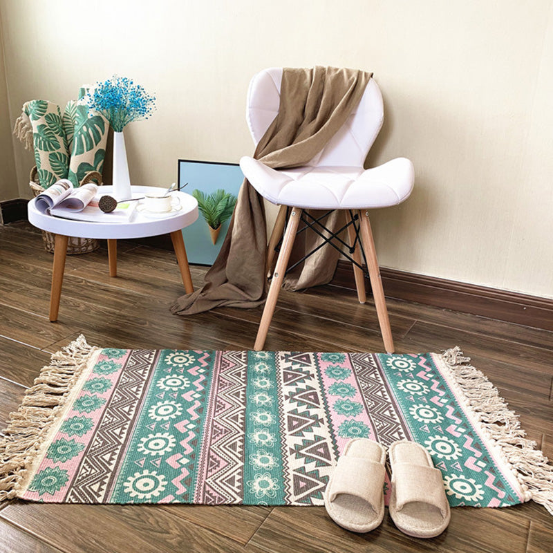 Lisslune | Western Bedroom Rug Multicolored Tribal Geo Rug Cotton Blend Easy Care Washable Area Rug with Fringe
