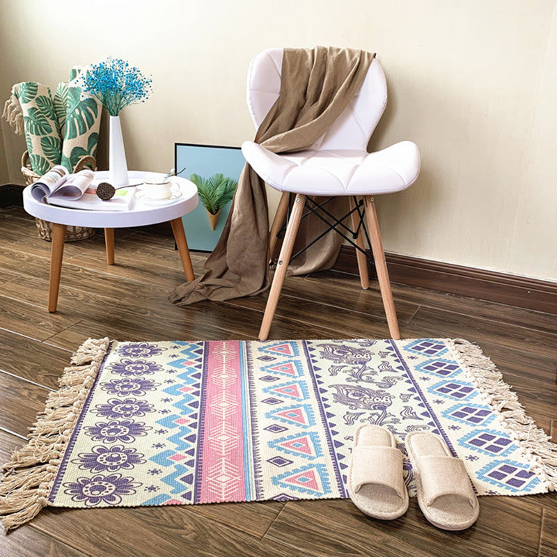 Lisslune | Western Bedroom Rug Multicolored Tribal Geo Rug Cotton Blend Easy Care Washable Area Rug with Fringe