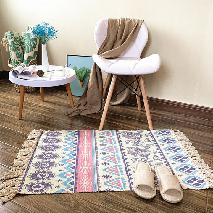 Lisslune | Western Bedroom Rug Multicolored Tribal Geo Rug Cotton Blend Easy Care Washable Area Rug with Fringe