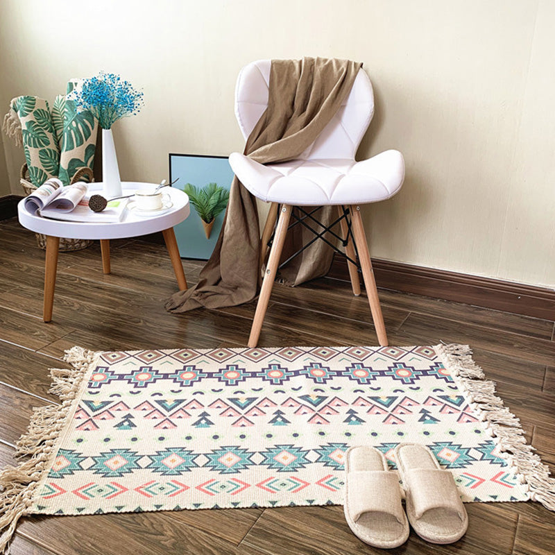 Lisslune | Western Bedroom Rug Multicolored Tribal Geo Rug Cotton Blend Easy Care Washable Area Rug with Fringe
