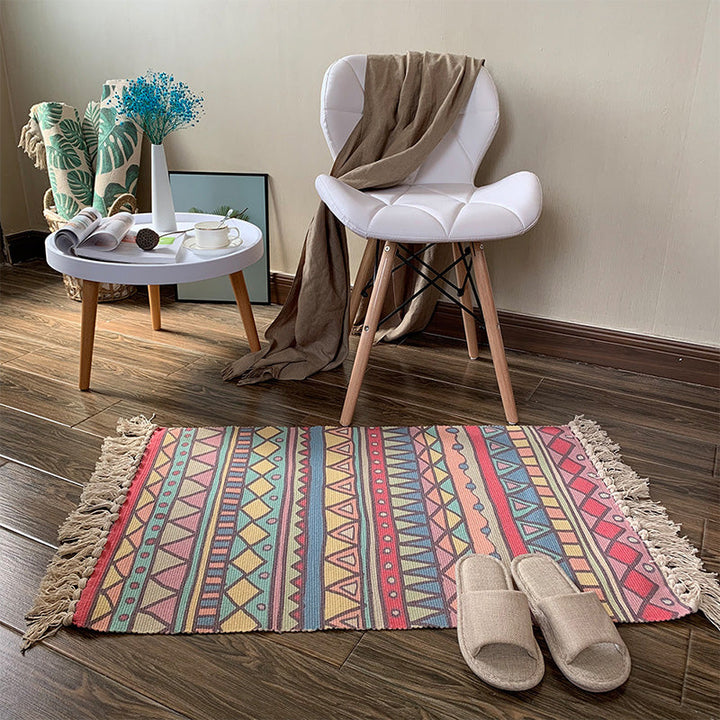 Lisslune | Western Bedroom Rug Multicolored Tribal Geo Rug Cotton Blend Easy Care Washable Area Rug with Fringe