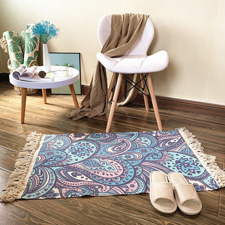Lisslune | Western Bedroom Rug Multicolored Tribal Geo Rug Cotton Blend Easy Care Washable Area Rug with Fringe