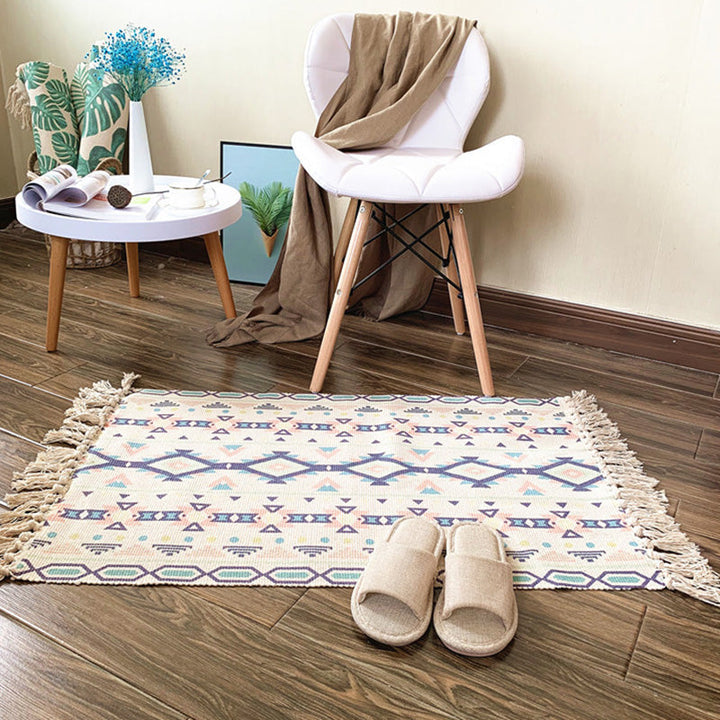 Lisslune | Western Bedroom Rug Multicolored Tribal Geo Rug Cotton Blend Easy Care Washable Area Rug with Fringe