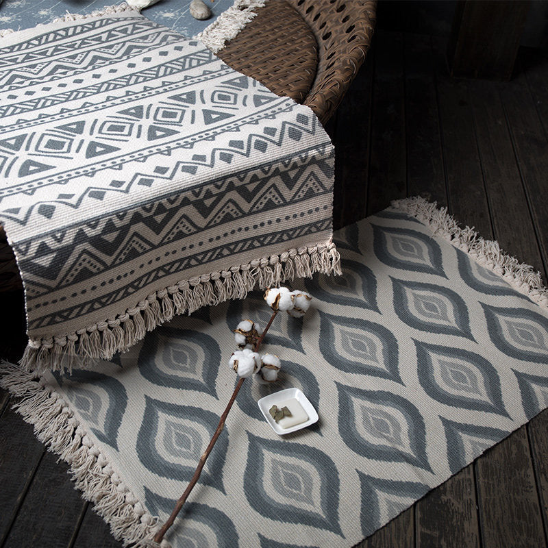 Lisslune | Retro Bedroom Rug Multicolored Geometric Print Area Rug Fabric Machine Washable Carpet with Fringe