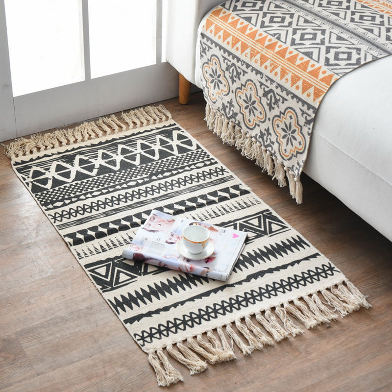Lisslune | Western Bedroom Carpet Multicolored geometric print rug cotton blend machine washable easy care with fringes