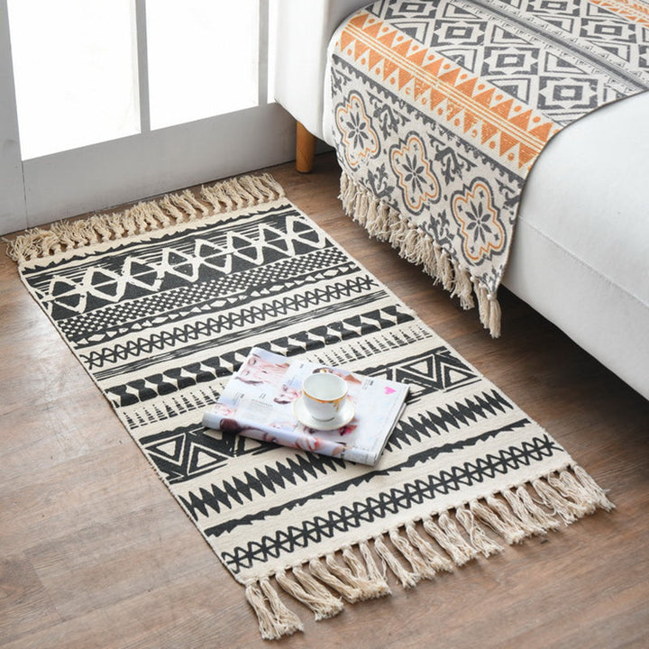 Lisslune | Western Bedroom Carpet Multicolored geometric print rug cotton blend machine washable easy care with fringes