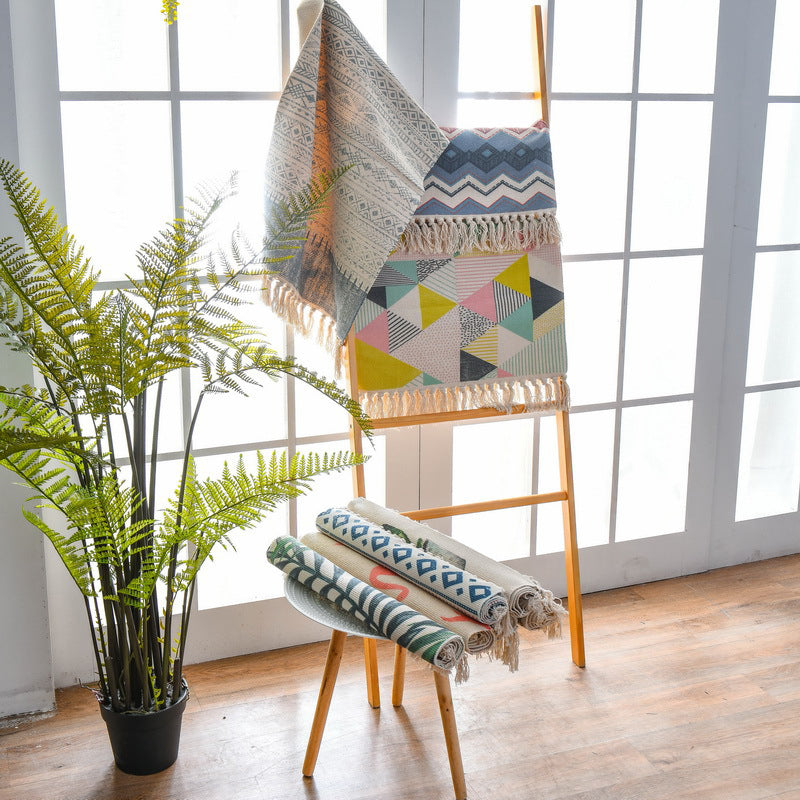 Lisslune | Western Bedroom Carpet Multicolored geometric print rug cotton blend machine washable easy care with fringes