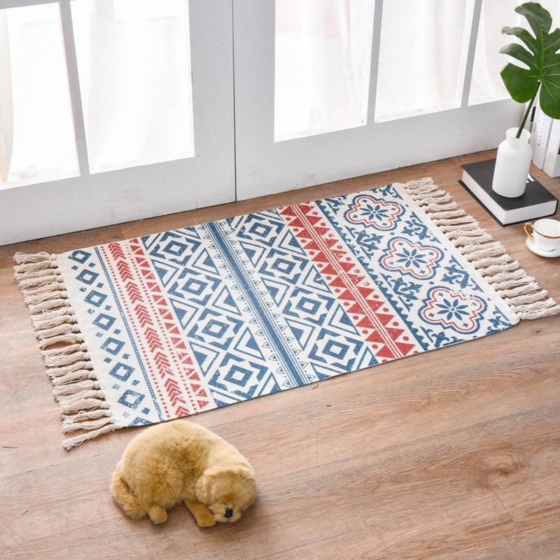 Lisslune | Western Bedroom Carpet Multicolored geometric print rug cotton blend machine washable easy care with fringes