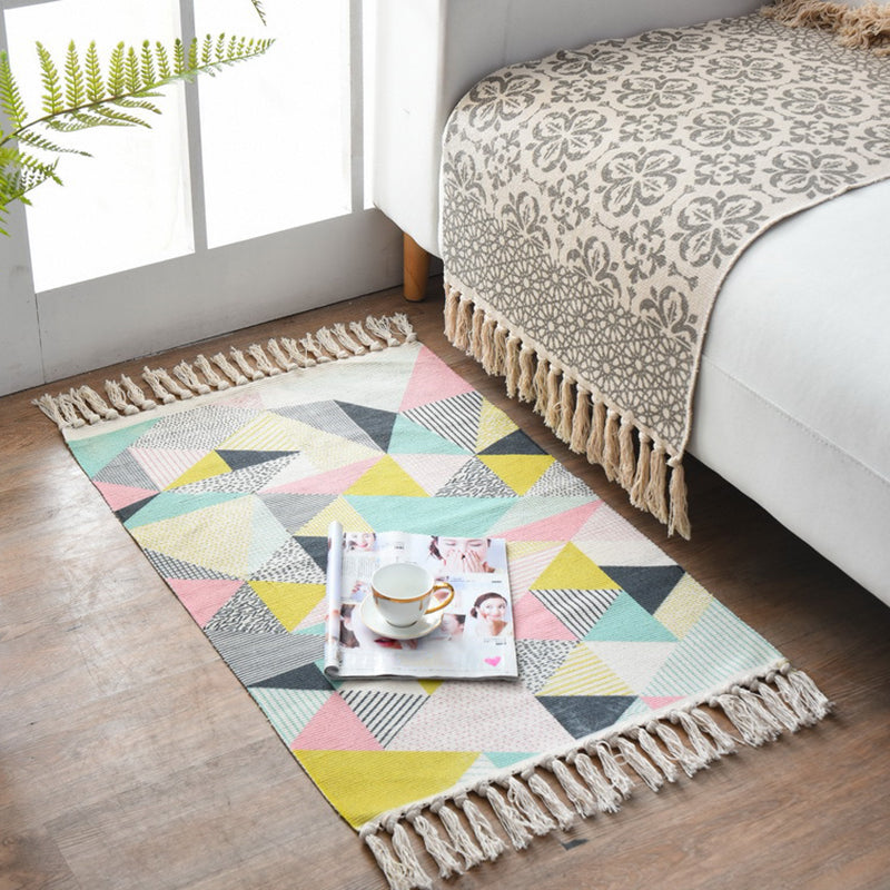 Lisslune | Western Bedroom Carpet Multicolored geometric print rug cotton blend machine washable easy care with fringes