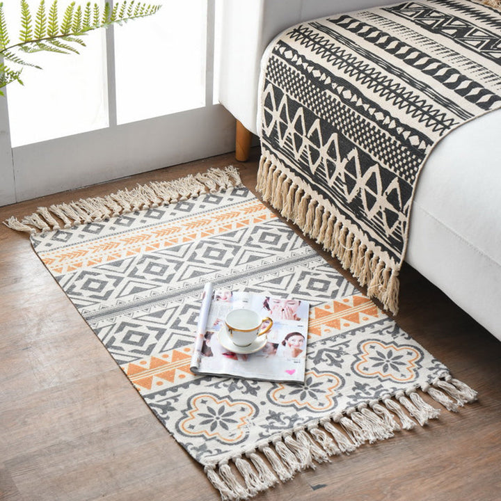Lisslune | Western Bedroom Carpet Multicolored geometric print rug cotton blend machine washable easy care with fringes