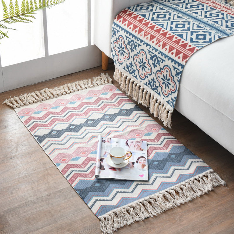 Lisslune | Western Bedroom Carpet Multicolored geometric print rug cotton blend machine washable easy care with fringes