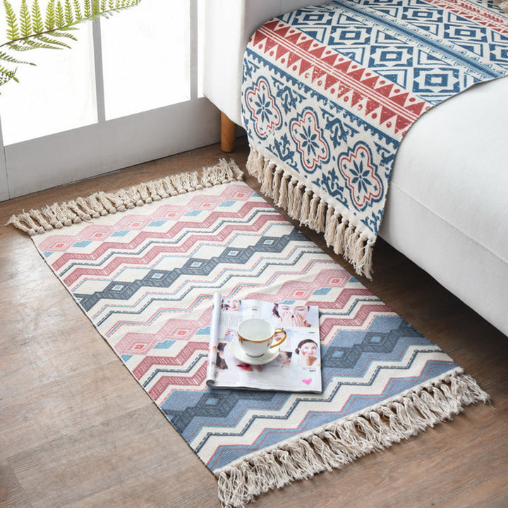 Lisslune | Western Bedroom Carpet Multicolored geometric print rug cotton blend machine washable easy care with fringes