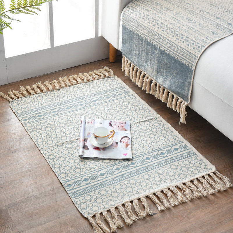 Lisslune | Western Bedroom Carpet Multicolored geometric print rug cotton blend machine washable easy care with fringes