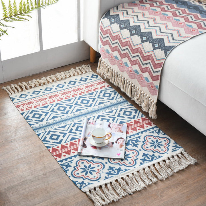 Lisslune | Western Bedroom Carpet Multicolored geometric print rug cotton blend machine washable easy care with fringes