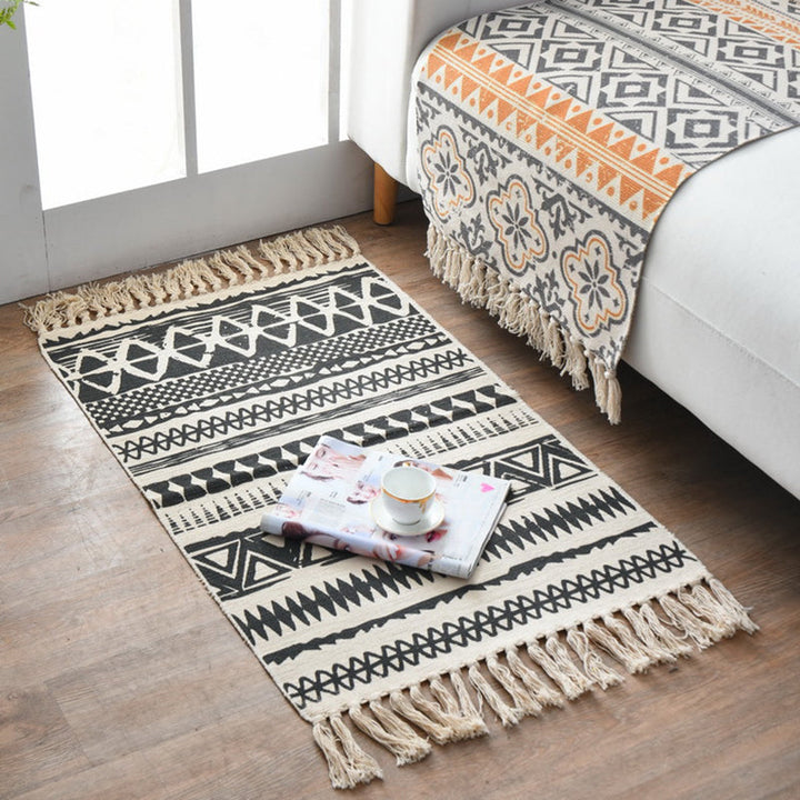 Lisslune | Western Bedroom Carpet Multicolored geometric print rug cotton blend machine washable easy care with fringes