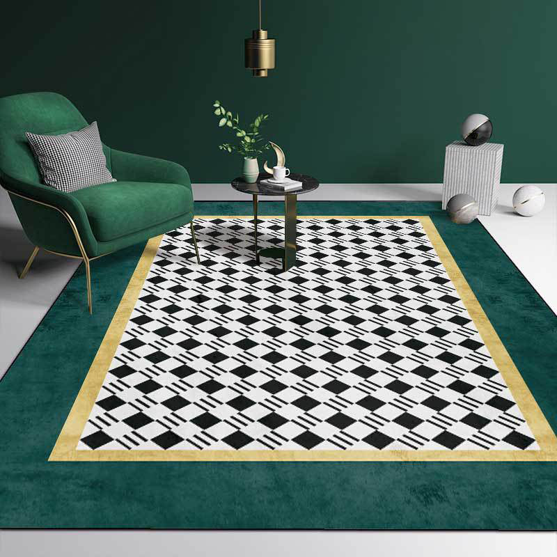 Lisslune | Black-Green Simplicity Rug Polypropylene Checkered Pattern Area Rug Non-Slip Machine Washable Rug for Home Decor