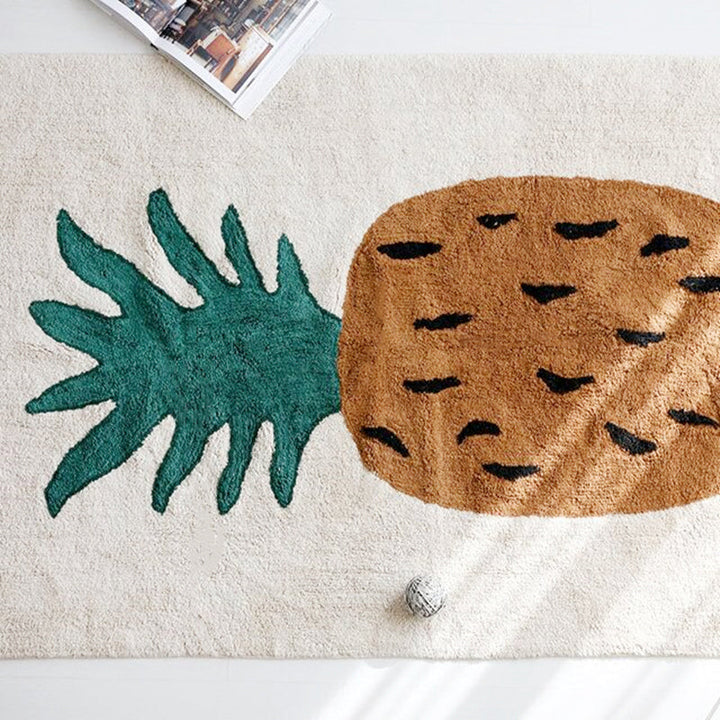 Lisslune | Brown Kids Room Carpet Cute Cartoon Pineapple Pattern Rug Mixed Fabric Easy Care Pet-Friendly Carpet