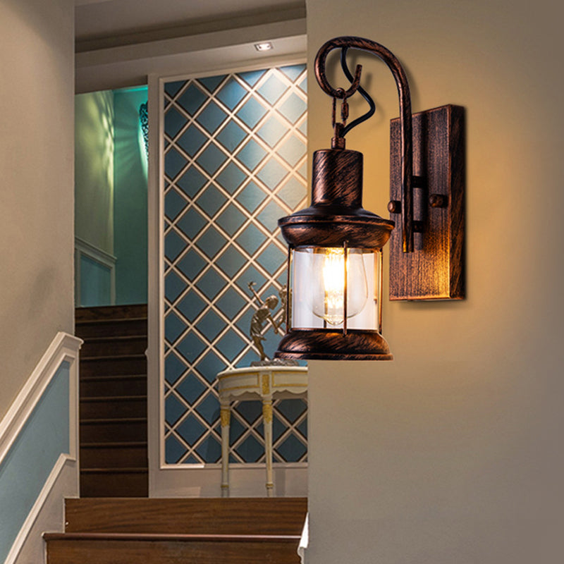 Lisslune | Iron Lantern Wall Light Retro Style Single Bulb Restaurant Wall Lighting Fixture in Bronze
