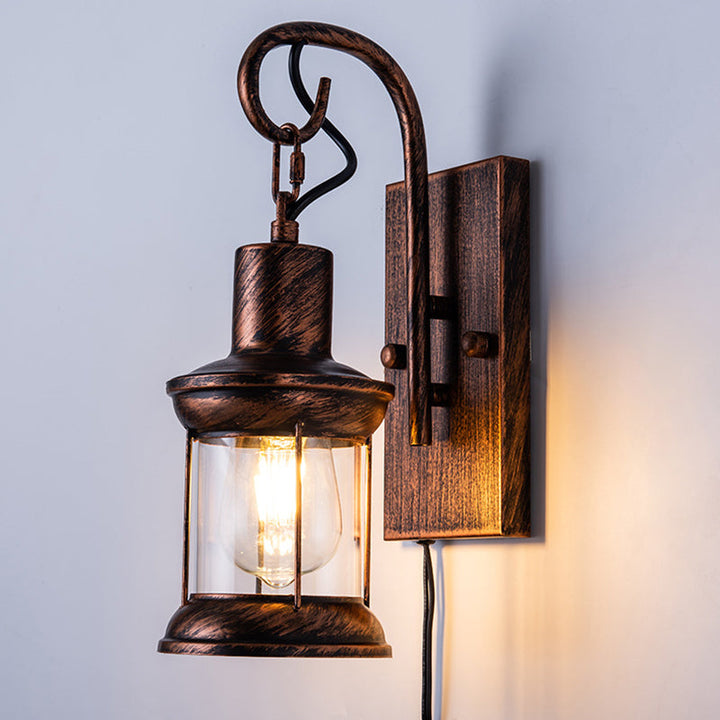 Lisslune | Iron Lantern Wall Light Retro Style Single Bulb Restaurant Wall Lighting Fixture in Bronze