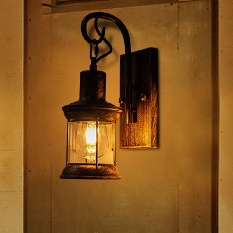 Lisslune | Iron Lantern Wall Light Retro Style Single Bulb Restaurant Wall Lighting Fixture in Bronze