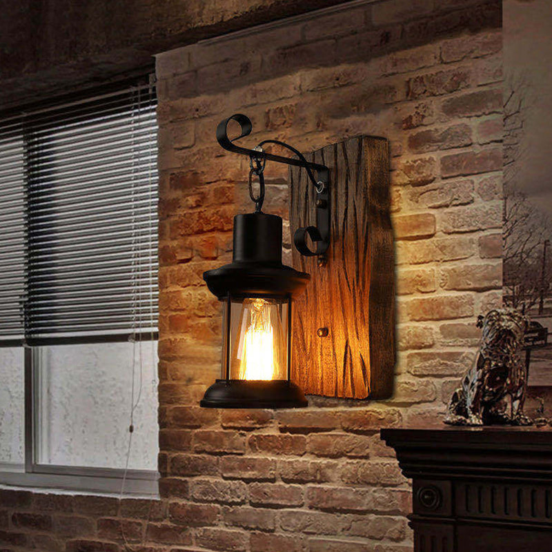 Lisslune | Industrial Lantern Wall Mount Light 1-Light Iron Wall Light with Clear Glass Shade for Restaurant