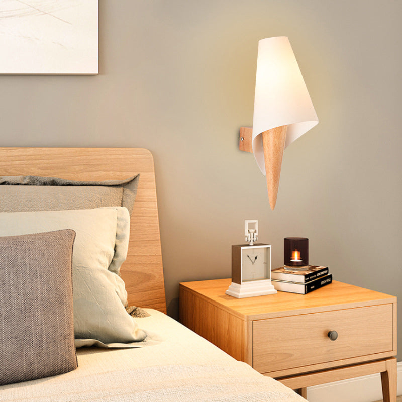 Lisslune | Ice Cream Cone Wall Mounted Lamp Simplicity Wood Single Bulb Nightstand Wall Light with White Glass Shade