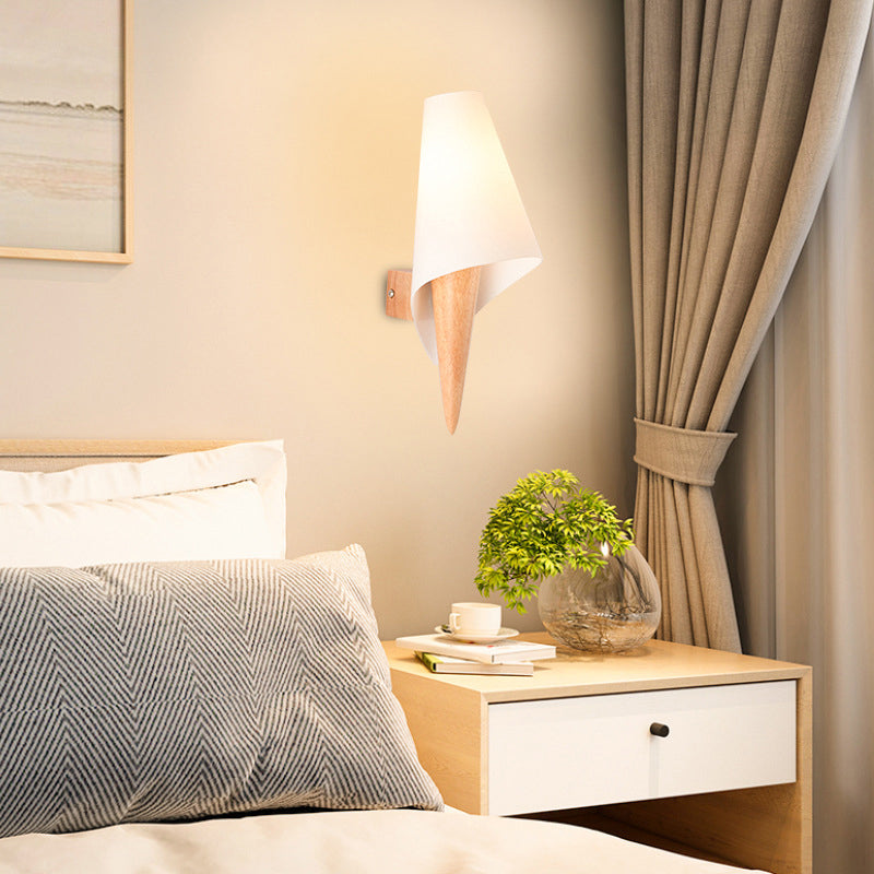 Lisslune | Ice Cream Cone Wall Mounted Lamp Simplicity Wood Single Bulb Nightstand Wall Light with White Glass Shade