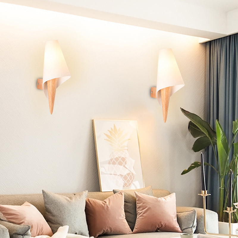 Lisslune | Ice Cream Cone Wall Mounted Lamp Simplicity Wood Single Bulb Nightstand Wall Light with White Glass Shade