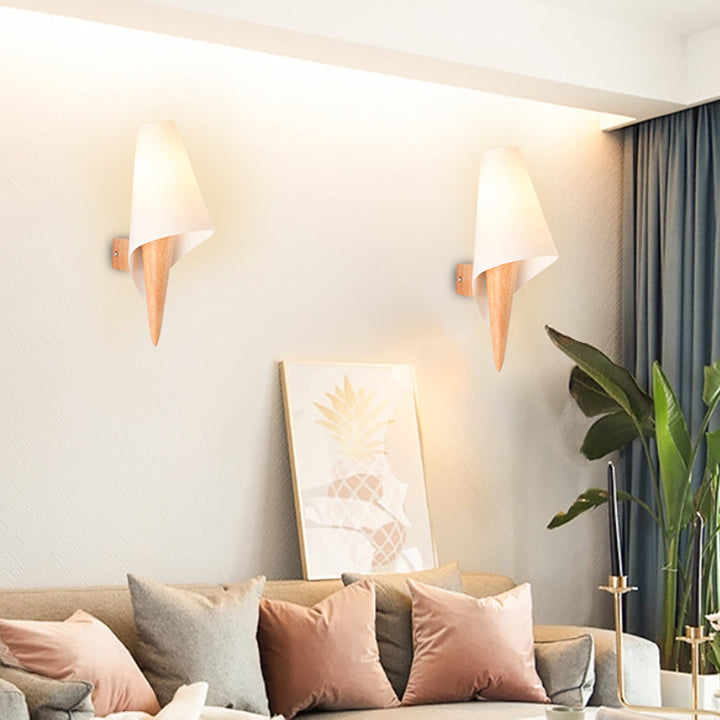Lisslune | Ice Cream Cone Wall Mounted Lamp Simplicity Wood Single Bulb Nightstand Wall Light with White Glass Shade