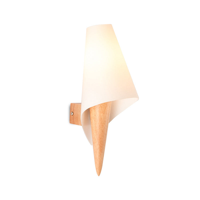 Lisslune | Ice Cream Cone Wall Mounted Lamp Simplicity Wood Single Bulb Nightstand Wall Light with White Glass Shade