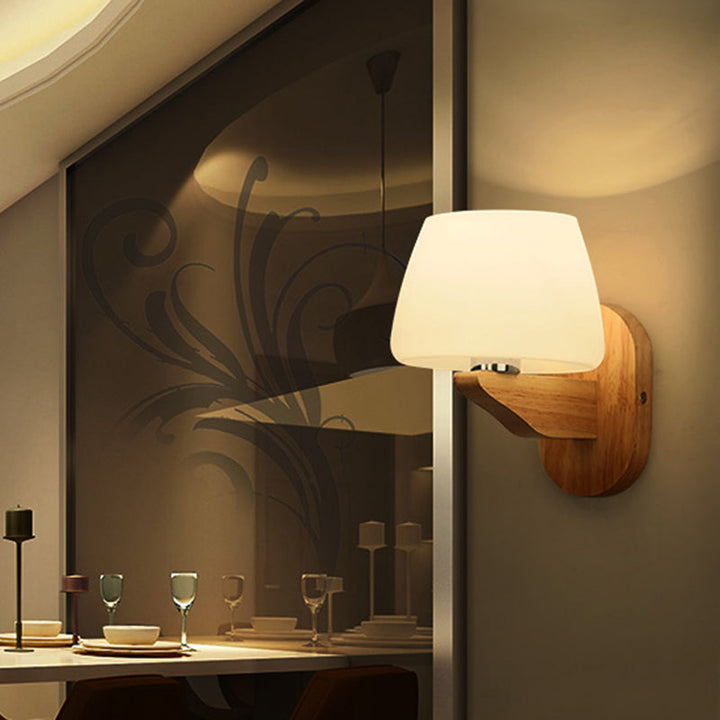 Lisslune | White Glass Bud Wall Sconce Lamp Nordic Style Wall Lighting Fixture with Wood Backplate