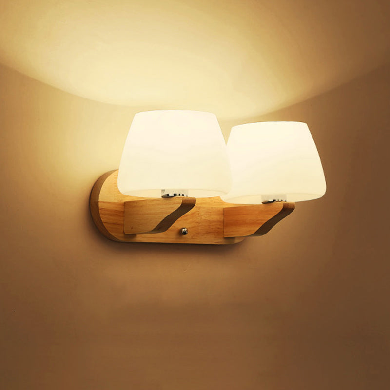 Lisslune | White Glass Bud Wall Sconce Lamp Nordic Style Wall Lighting Fixture with Wood Backplate