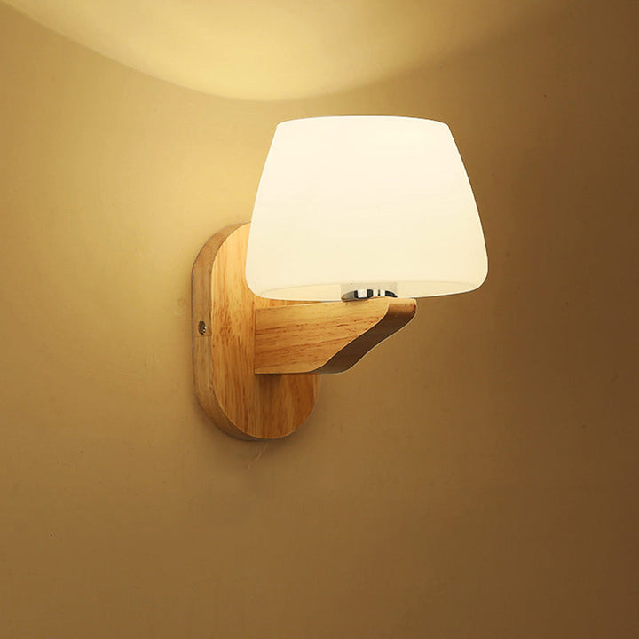 Lisslune | White Glass Bud Wall Sconce Lamp Nordic Style Wall Lighting Fixture with Wood Backplate