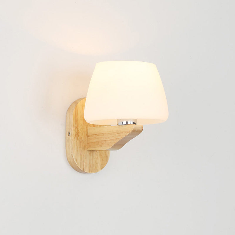 Lisslune | White Glass Bud Wall Sconce Lamp Nordic Style Wall Lighting Fixture with Wood Backplate