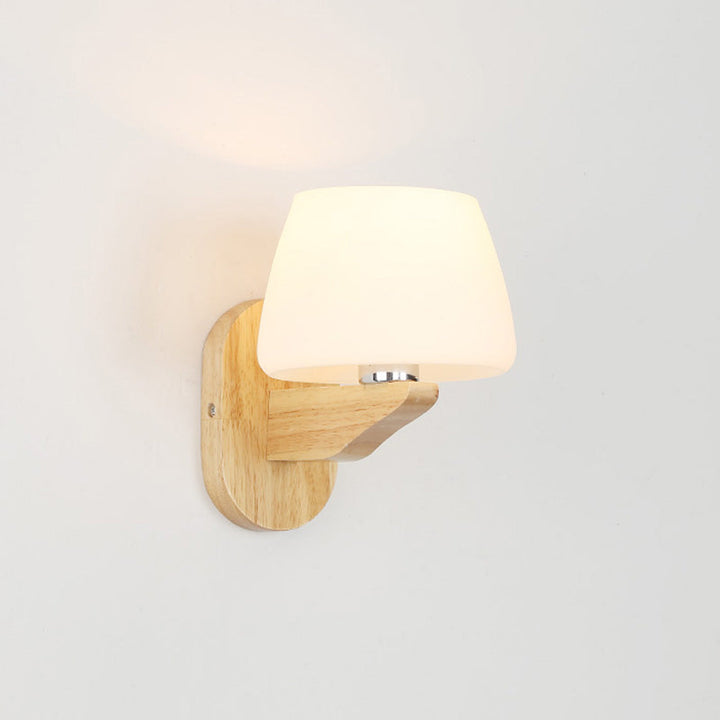 Lisslune | White Glass Bud Wall Sconce Lamp Nordic Style Wall Lighting Fixture with Wood Backplate