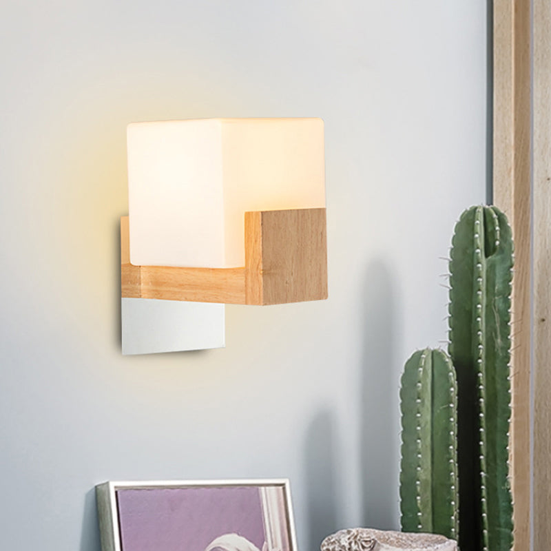 Lisslune | Cube Nightstand Wall Sconces Lamp White Glass Simple Modern Style Wall Lighting Fixture with Wood Back Plate