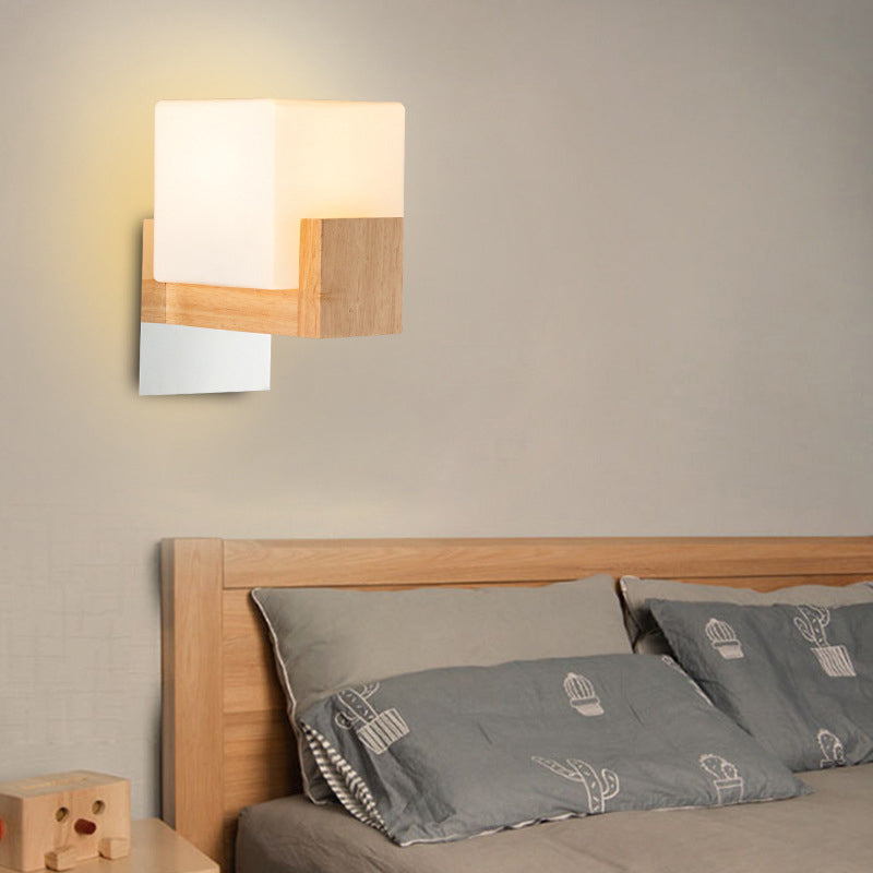 Lisslune | Cube Nightstand Wall Sconces Lamp White Glass Simple Modern Style Wall Lighting Fixture with Wood Back Plate