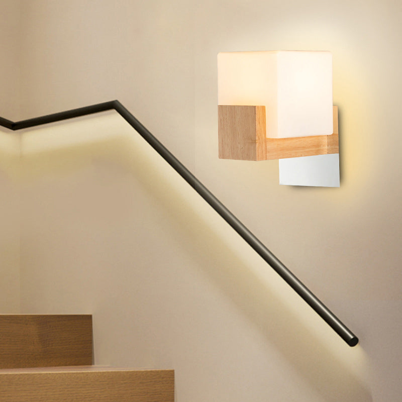 Lisslune | Cube Nightstand Wall Sconces Lamp White Glass Simple Modern Style Wall Lighting Fixture with Wood Back Plate