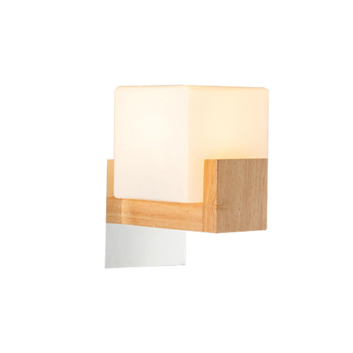 Lisslune | Cube Nightstand Wall Sconces Lamp White Glass Simple Modern Style Wall Lighting Fixture with Wood Back Plate
