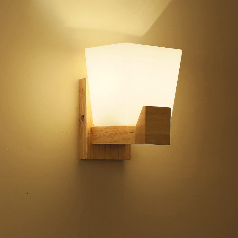 Lisslune | Simplicity Trapeze Wall Lamp White Glass Nightstand Wall Mount Lighting with Wooden Backplate