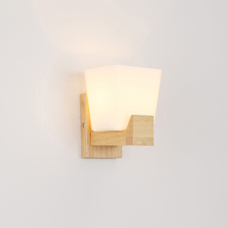 Lisslune | Simplicity Trapeze Wall Lamp White Glass Nightstand Wall Mount Lighting with Wooden Backplate