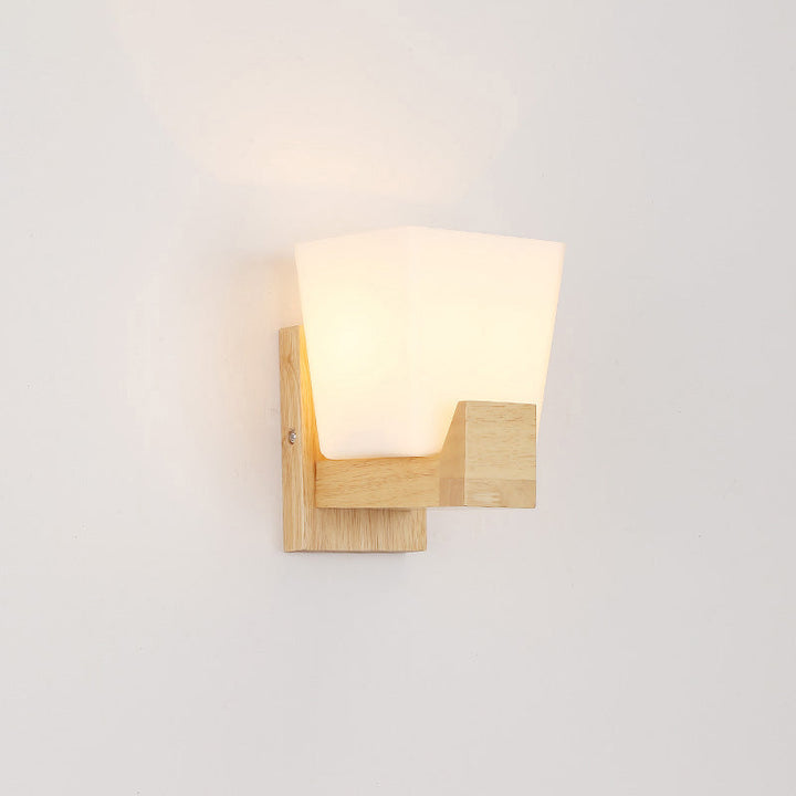 Lisslune | Simplicity Trapeze Wall Lamp White Glass Nightstand Wall Mount Lighting with Wooden Backplate